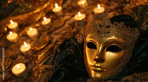 Golden Mask with Candles and Rich Textiles