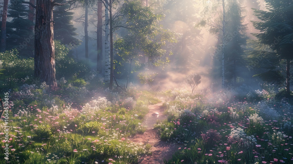 Obraz premium Sunbeams through Misty Forest