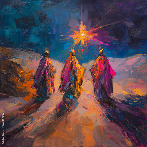 Abstract painting of the Three Wise Men following the Star of Bethlehem on their journey for Epiphany, vibrant colors highlighting traditional Epiphany themes photo