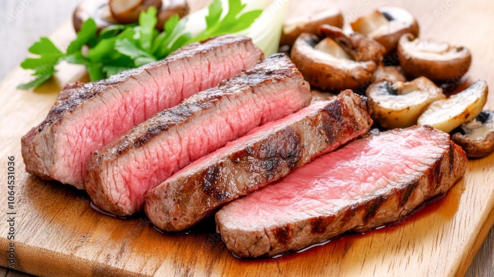 Filete de carne jugoso con champiñones asados, servido sobre una tabla de madera y decorado con perejil.
Filete de carne jugoso con champiñones asados, servido sobre una tabla de madera y decorado con perejil.