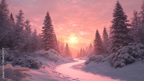 Snowy Forest Path at Sunset