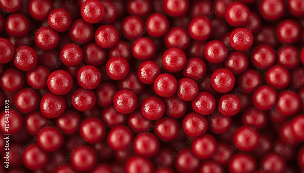 A close-up view of many bright red, spherical objects resembling berries or candy, clustered tightly together. A close-up view of many bright red, spherical objects resembling berries or candy, clustered tightly together.
