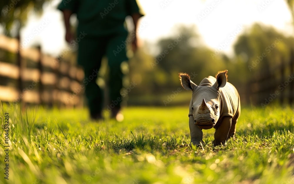Fototapeta premium A person walks along a lush green path with a playful piglet, highlighting a warm, sunny farming scene.