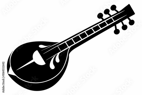 Veena silhouette black filled vector Illustration icon,The Soul of Sound Bold Silhouette of a Sitar,Illustration of a logo of a traditional Indian musical instrument, a sitar silhouette.