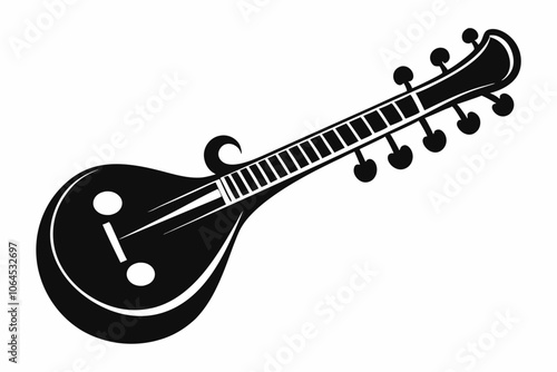 Veena silhouette black filled vector Illustration icon,The Soul of Sound Bold Silhouette of a Sitar,Illustration of a logo of a traditional Indian musical instrument, a sitar silhouette.