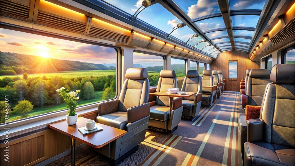 Modern Business Class Seats on a Luxury Passenger Train, Spacious Interior, High Depth of Field, Comfortable Design, Travel Experience, Upscale Modern Business Class Seats on a Luxury Passenger Train, Spacious Interior, High Depth of Field, Comfortable Design, Travel Experience, Upscale