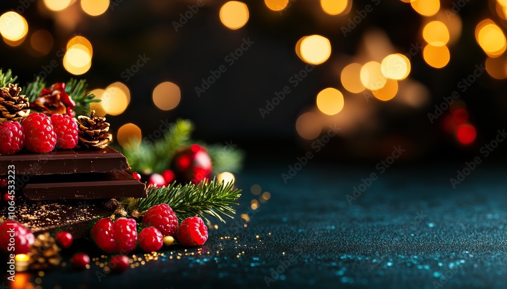 A festive arrangement of chocolate bars, raspberries, and pinecones, surrounded by twinkling lights, creating a cozy winter atmosphere. A festive arrangement of chocolate bars, raspberries, and pinecones, surrounded by twinkling lights, creating a cozy winter atmosphere.