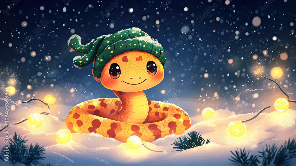 Fototapeta premium A snake wearing a Christmas hat, Chinese New Year