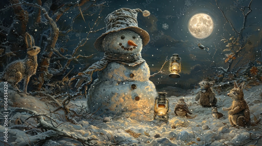 Obraz premium Snowman Gathering with Animals in Winter