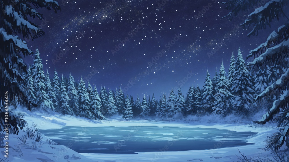 Frozen Lake in a Snowy Forest Under a Starry Night Sky Frozen Lake in a Snowy Forest Under a Starry Night Sky