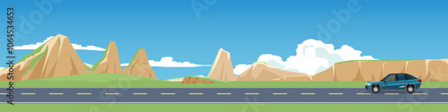 Travels of sport car with driving for banner. Asphalt road near the meadow with high mountains under clear sky. Copy Space Flat Vector.