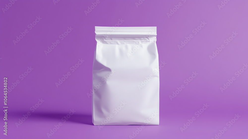 White coffee bag mockup on purple background, perspective view White coffee bag mockup on purple background, perspective view