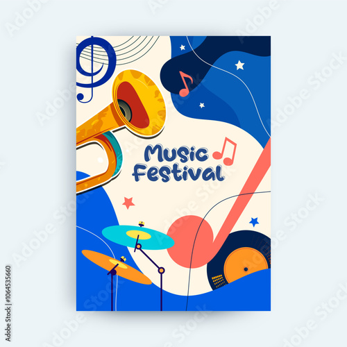 poster template design for music concert. Lively party celebrations feature musical instruments trumpets, vinyl records, drums. There are musical note elements. Music festival design concept