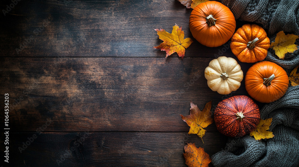 Autumn arrangement of pumpkins and leaves on a rustic wooden table for seasonal decoration