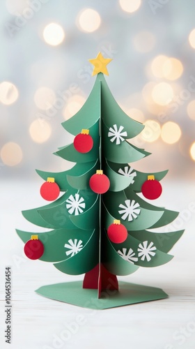 Christmas Tree Pop-up Card with Ornaments & Snowflakes - Festive Close-up photo