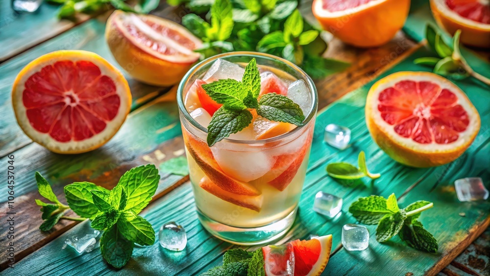 Refreshing Grapefruit Mint Iced Drink - Summer Citrus Beverage with Fresh Ingredients, Vibrant Colors, and Inviting Presentation for Hot Days Refreshing Grapefruit Mint Iced Drink - Summer Citrus Beverage with Fresh Ingredients, Vibrant Colors, and Inviting Presentation for Hot Days