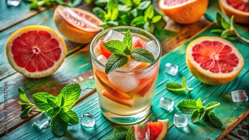 Refreshing Grapefruit Mint Iced Drink - Summer Citrus Beverage with Fresh Ingredients, Vibrant Colors, and Inviting Presentation for Hot Days