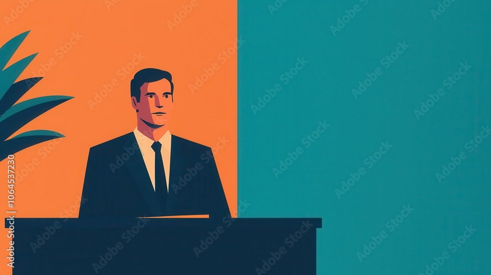 A man in a suit stands confidently at a podium against a colorful backdrop A man in a suit stands confidently at a podium against a colorful backdrop