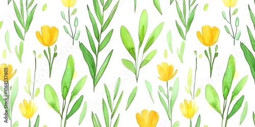 Watercolor Floral Seamless Pattern with Yellow Flowers and Green Leaves