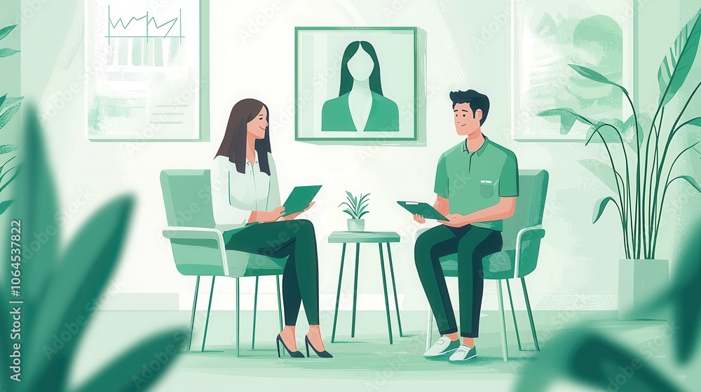 A professional setting with two individuals engaged in a discussion A professional setting with two individuals engaged in a discussion