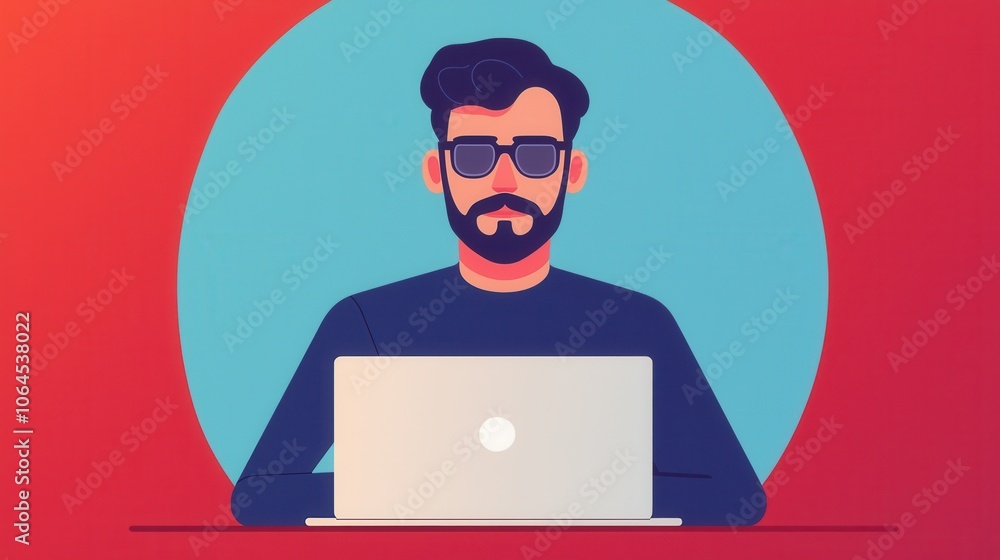 A stylish man with sunglasses sits at a laptop, surrounded by a vibrant background