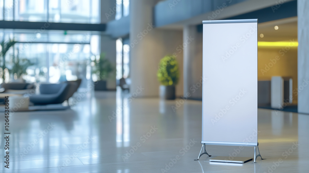 Standing display mockup in modern office lounge Standing display mockup in modern office lounge