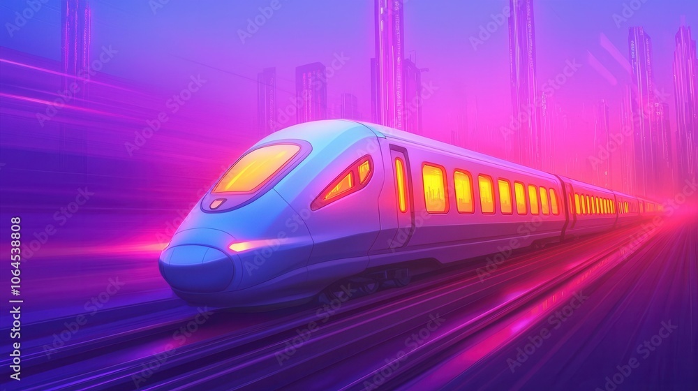 Naklejka premium A futuristic train speeds through a vibrant, neon-lit landscape, blending technology and artistic abstraction in a colorful