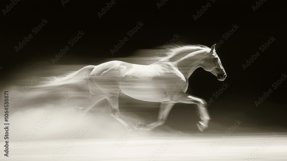 Fototapeta premium Elegant Power in Motion: Horse Racing with Dynamic Hooves and Dust Trail