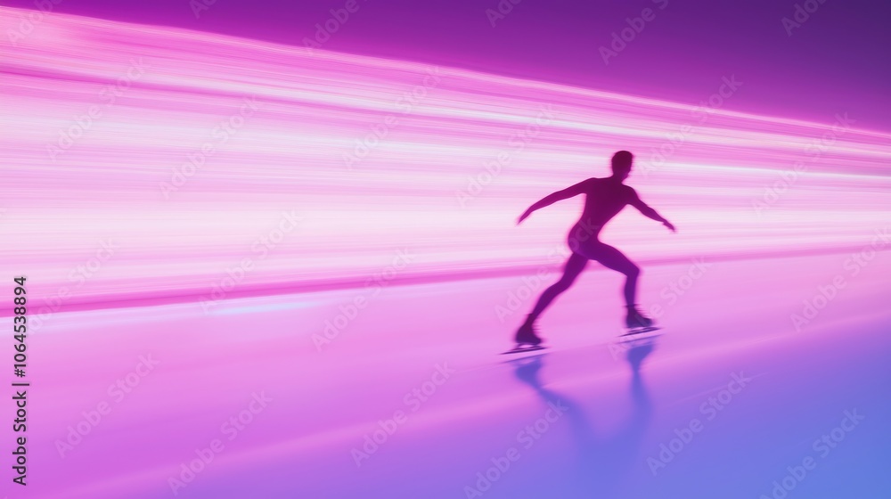 Effortless Grace: Skater Gliding on Ice with Motion Blur and Reflective Surface in Soft Rink Lighting Effortless Grace: Skater Gliding on Ice with Motion Blur and Reflective Surface in Soft Rink Lighting