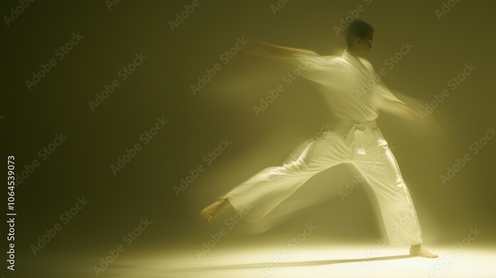 Dynamic Martial Artist Performing Powerful Kick with Motion Blur Emphasizing Strength and Focus Dynamic Martial Artist Performing Powerful Kick with Motion Blur Emphasizing Strength and Focus