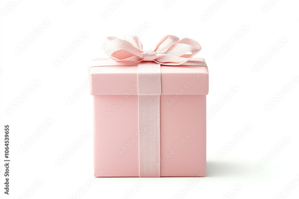 Fototapeta premium A pastel pink gift box with delicate bow on solid white background, single object