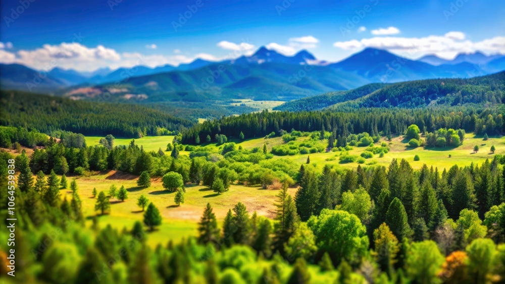 Obraz premium Serene Tilt-Shift Photography of a Wooded Landscape in Rural Colorado, Capturing Lush Greenery, Majestic Mountains, and Tranquil Atmosphere of Nature's Beauty