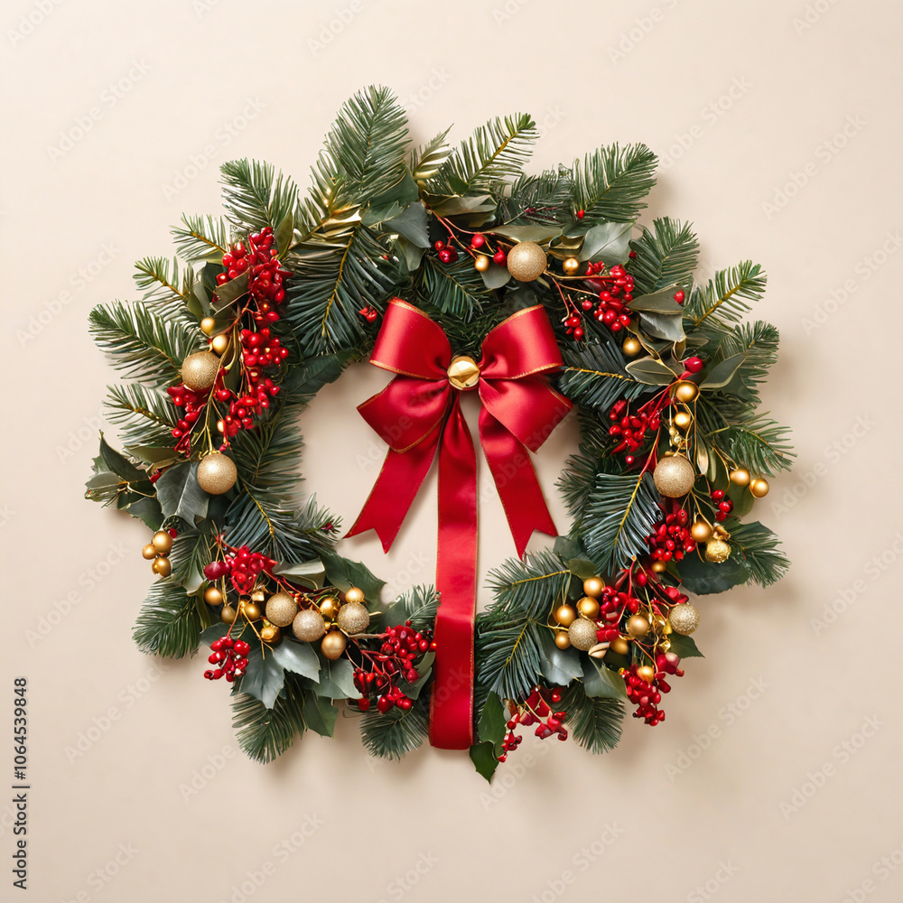 A beautifully crafted Christmas wreath adorned with red berries, gold accents, and a festive red bow sits against a neutral background, creating a classic holiday feel. A beautifully crafted Christmas wreath adorned with red berries, gold accents, and a festive red bow sits against a neutral background, creating a classic holiday feel.
