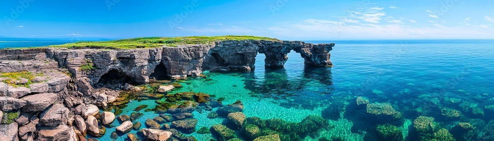 Eroded cliffs with natural arches and caves, surrounded by crystal-clear waters and soft, sandy patches, inviting exploration and discovery Eroded cliffs with natural arches and caves, surrounded by crystal-clear waters and soft, sandy patches, inviting exploration and discovery