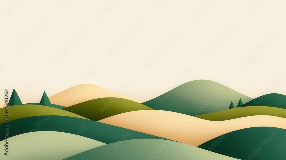 Obraz premium A serene illustration of rolling hills in soft green and beige tones