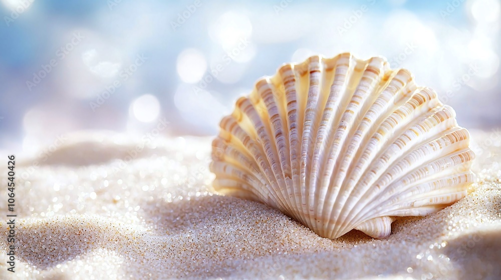 Explore the elegant beauty of a seashell closeup on a sandy beach at sunrise Explore the elegant beauty of a seashell closeup on a sandy beach at sunrise