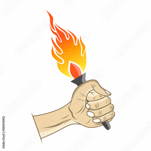 Vector design Bright illustration of a hand holding a burning torch, symbolizing strength, freedom and resilience. Perfect for leadership and perseverance themes.