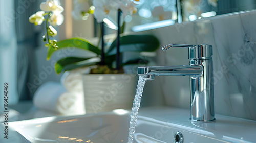 Water tap , faucet. Flow water in bathroom with sink. Modern clean hause. Hygiene concept photo