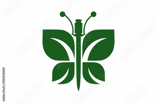 Vector illustration design of a silhouette logo of a combination of green leaves and swords forming a butterfly.