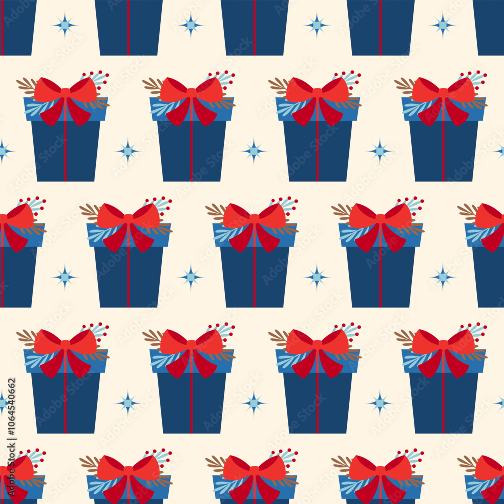 Obraz premium Seamless holiday pattern with gifts. Christmas vector illustration for greeting card, gift paper, wallpaper, wallpaper, textile, cover.