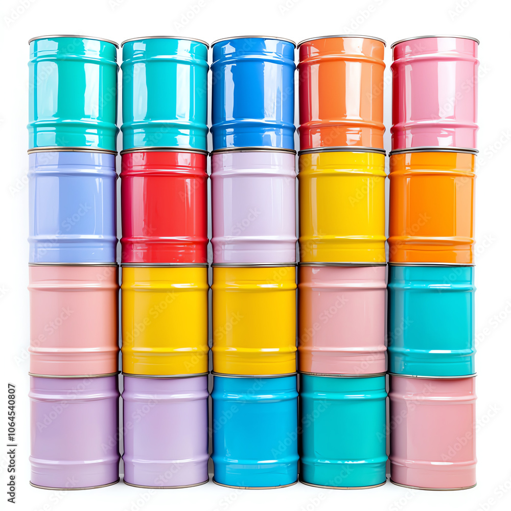 Industrial chemical drums stacked in a safe storage arrangement on solid white background Industrial chemical drums stacked in a safe storage arrangement on solid white background