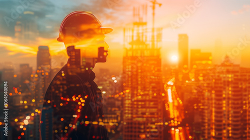 Worker reflects on personal achievements and contributions, with a modern, rapidly growing cityscape in the background, symbolizing progress, ambition, and future potential.