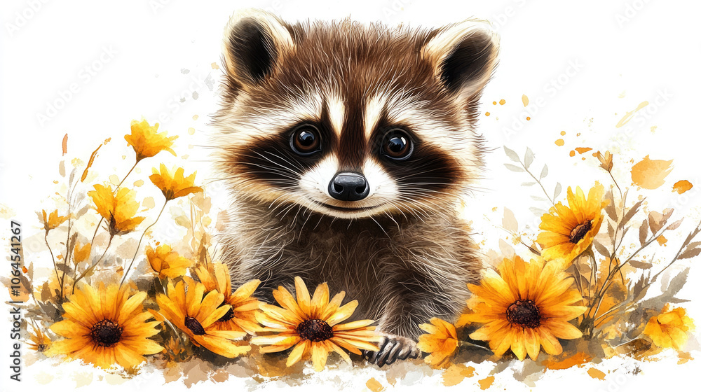 A little raccoon standing inside a yellow flower with a white background A little raccoon standing inside a yellow flower with a white background