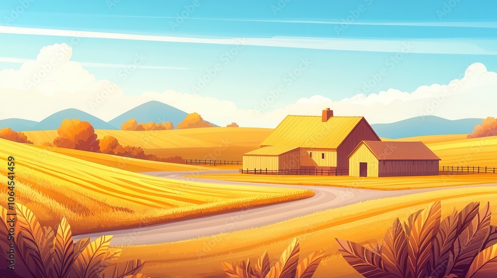 Fototapeta premium A serene countryside scene featuring a quaint farmhouse amidst golden fields