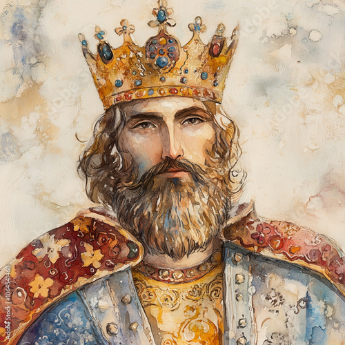 Watercolor portrait of a crowned king in ornate royal attire for Epiphany celebration, symbolizing Three Kings' Day, royalty, and the journey of the Magi on January 6th photo