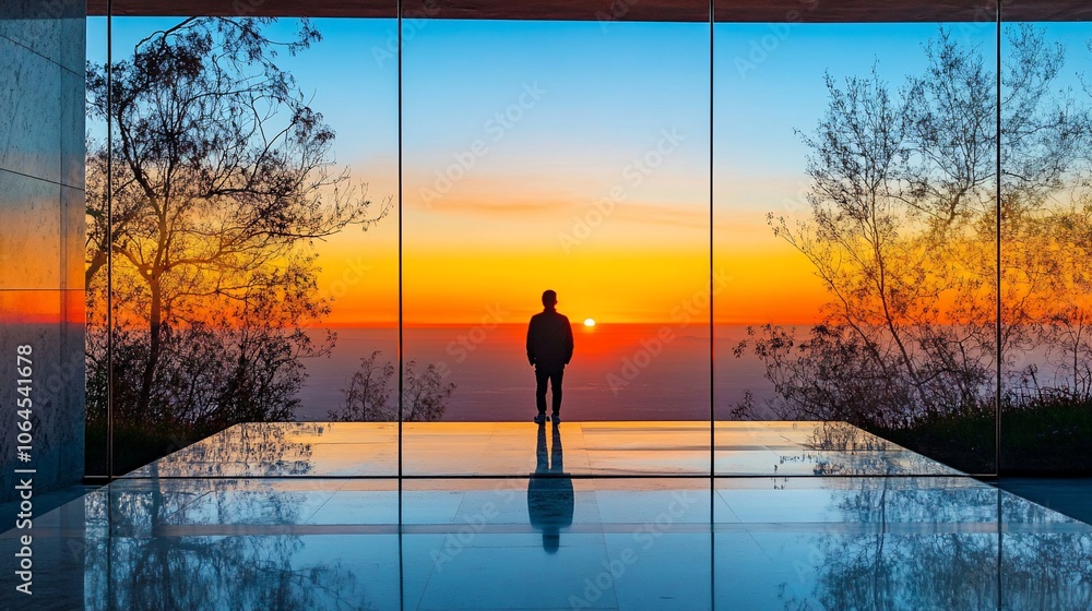Man silhouette standing in front of a window with view of a stunning sunset over the horizon. Man silhouette standing in front of a window with view of a stunning sunset over the horizon.