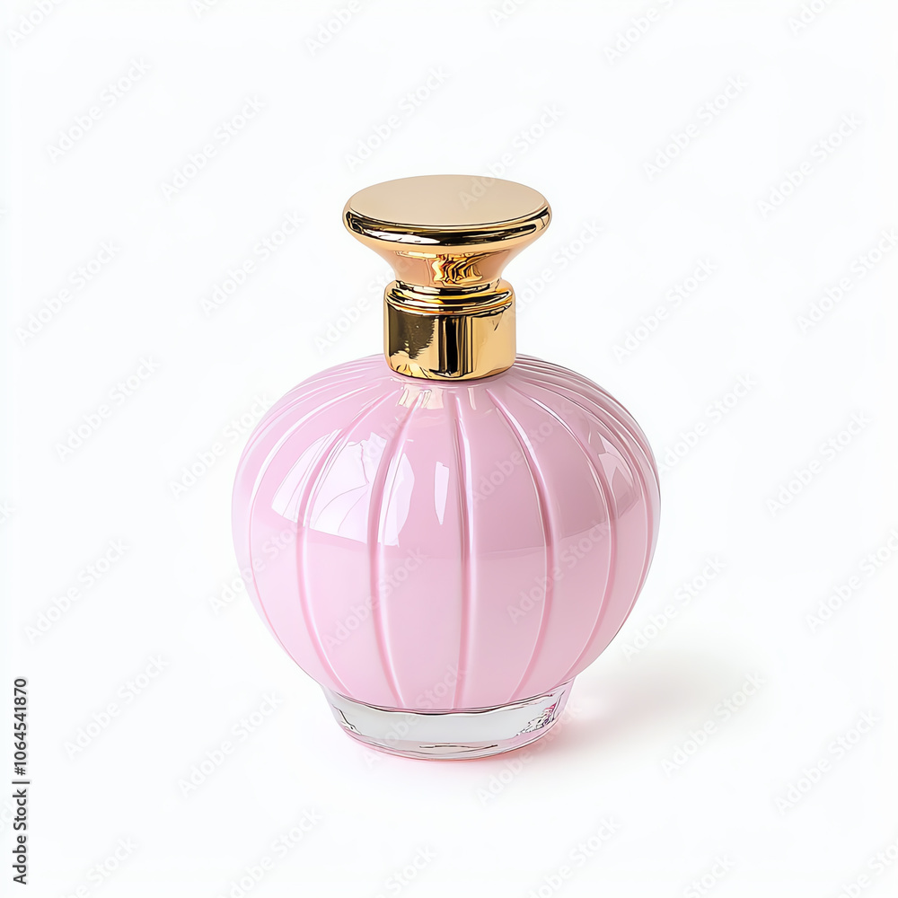 Elegant pink perfume bottle with a golden cap, on solid white background. Elegant pink perfume bottle with a golden cap, on solid white background.