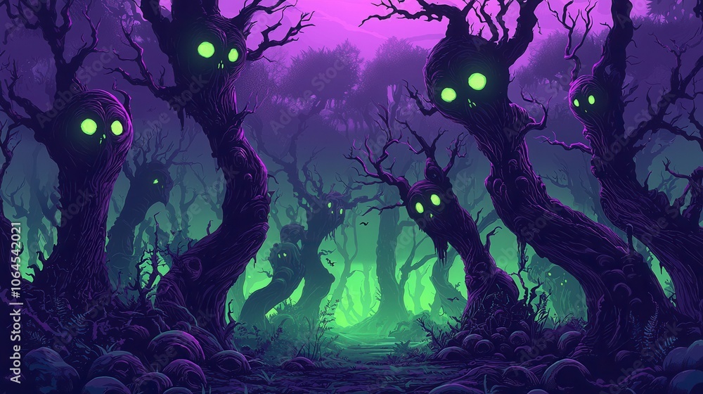 A dark, eerie forest filled with twisted trees that have glowing green eyes A dark, eerie forest filled with twisted trees that have glowing green eyes