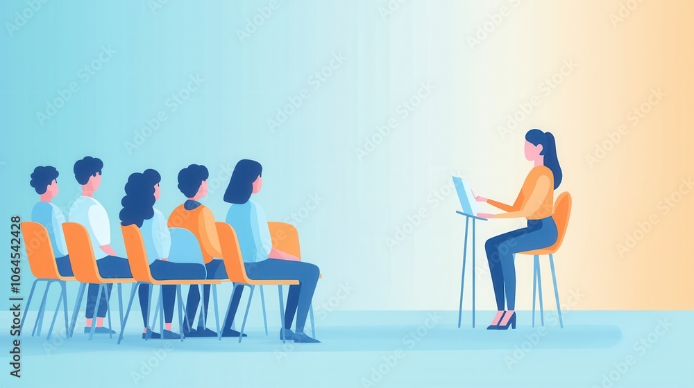 A speaker presents to an audience seated in chairs A speaker presents to an audience seated in chairs