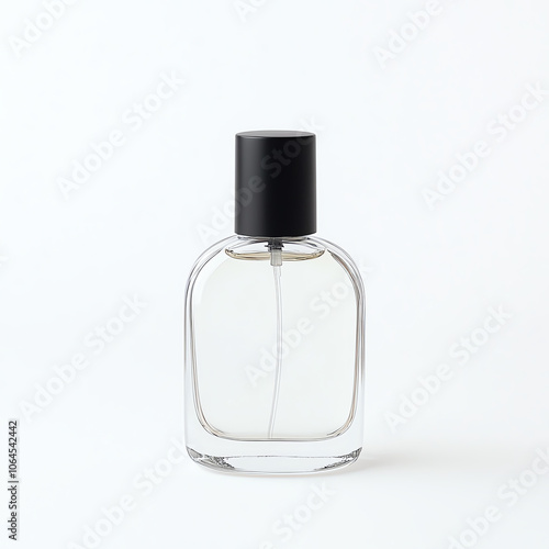 A minimalist glass perfume bottle with a black cap on solid white background, single object